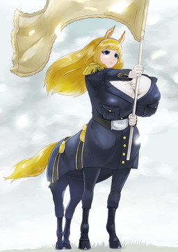big_breasts blonde_hair blue_eyes breasts clothed clothed_taur clothing female flag flag_(object) gloves hair handwear holding_flag holding_object hooves horse_ears horse_tail huge_breasts military_uniform solo standing taur_clothing uniform nmu007 european_mythology greek_mythology mythology estelle_bellegarde centaur equid equid_taur humanoid_taur mammal mammal_taur taur hi_res