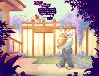 anthro beard blue_sky clothed clothing day duo facial_hair fur grass grey_body hair holding_groceries male male_anthro narrowed_eyes nude open_mouth open_smile outside plant short_hair sky smile speech_bubble text white_beard white_facial_hair white_hair yellow_body yellow_fur chocolateandmilk mythology richard_(chocolateandmilk) canid canine dragon mammal mythological_creature mythological_scalie scalie english_text hi_res