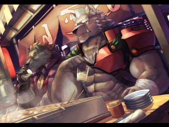 5_fingers abs alcohol anthro armor beard beverage black_bars black_nose breastplate brown_body brown_eyebrows brown_fur brown_hair building cape chain chopsticks city cityscape clothed clothing cross cuff_(restraint) duo ear_piercing eyebrows facial_hair facial_scar fangs fingers food fur furniture glass grey_body grey_fur hair holding_glass holding_object inner_ear_fluff jewelry lamp lantern light male mohawk multicolored_body multicolored_fur muscular muscular_male necklace piercing plate purple_clothing purple_shirt purple_topwear red_armor red_eyes restaurant restraints scar shackles shirt shoulder_guards steam table teeth topwear tuft two_tone_body two_tone_fur white_eyebrows white_hair wraps wrist_wraps nion lifewonders tokyo_afterschool_summoners barguest_(tas) marchosias_(tas) canid canine canis mammal wolf hi_res letterbox lighting