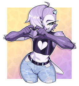 anthro beak belt bottomwear bulge clothed clothed_male clothing crop_top denim denim_bottomwear denim_clothing eyelashes feathers femboy fishnet_clothing fishnet_leggings fishnet_legwear front_view gesture grey_hair hair hair_over_eye heart_cutout heart_gesture jeans leggings legwear long_eyelashes male pants scuted_arms scutes shirt smile solo tail tail_feathers topwear torn_bottomwear torn_clothing torn_jeans torn_pants wide_hips budoti dominic_(budoti) avian barred_owl bird owl strix_(genus) true_owl absurd_res hi_res