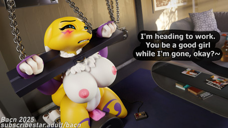 anthro bdsm big_breasts blush bondage bound breasts chain detailed_background dialogue female fur furniture good_girl huge_breasts inside nipples nude restraints sex_toy solo submissive sybian tail text vibrator white_body white_fur yellow_body bacn bacn_(modeler) bandai_namco blender_cycles digimon renamon_(bacn) canid canine digimon_(species) fox mammal renamon 16:9 2025 3d_(artwork) 4k absurd_res blender_(artwork) digital_media_(artwork) english_description english_text hi_res widescreen
