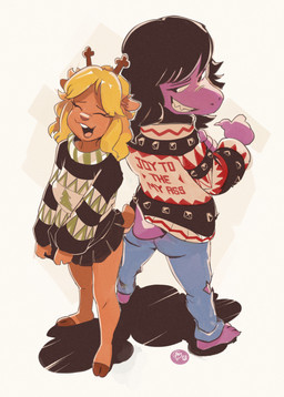 2_toes 3_toes ^_^ anthro antlers back_to_back barefoot biped black_bottomwear black_clothing black_hair black_skirt blonde_hair blue_bottomwear blue_clothing blue_jeans blue_pants bottomwear brown_body brown_fur buckteeth butt cast_shadow christmas_clothing christmas_sweater christmas_topwear claws clothed clothed_anthro clothed_female clothing clothing_pull cloven_hooves denim denim_bottomwear denim_clothing duo eyelashes eyes_closed feet female finger_claws fully_clothed fully_clothed_anthro fully_clothed_female fur grin hair hand_on_own_arm happy high-angle_view holidays hooved_plantigrade hooved_toes hooves horn jeans laugh looking_back open_mouth open_smile pants pattern_clothing pattern_sweater pattern_topwear plantigrade pleated_skirt pointing_with_thumb purple_body scut_tail shadow sharp_teeth short_tail side_mouth simple_background skirt small_tail smile snout standing studded_clothing studs sweater tail teeth text text_on_clothing text_on_sweater text_on_topwear toes topwear topwear_pull torn_bottomwear torn_clothing torn_jeans torn_pants white_background wide_stance edtropolis christmas deltarune undertale_(series) noelle_holiday susie_(deltarune) deer mammal new_world_deer reindeer scalie 2025 absurd_res english_text hi_res signature