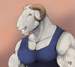 amber_eyes anthro blue_clothing blue_shirt blue_tank_top blue_topwear bovid_horn caprine_horn clothing horn male muscular ram_horn shirt simple_background smile solo tan_background tank_top teeth text topwear pandottermon bovid caprine mammal sheep 2023 artist_name signature