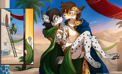 4_toes 5_fingers anthro biped blue_eyes blush breasts brown_body brown_fur brown_hair brown_spots brown_tail butt carrying_another cheek_tuft chest_tuft claws climbing climbing_ladder clothed clothed_anthro clothed_female clothed_male clothing detailed_background dipstick_ears duo ear_markings ear_tuft facial_tuft feet female fingers front_view fur green_eyes hair ladder male markings multicolored_ears outside panties pawpads scut_tail short_tail smile spots spotted_body spotted_fur spotted_markings spotted_tail standing tail tail_markings toes tuft underwear conditional_dnp tom_fischbach twokinds alice_reed prince_sorrel felid feline keidran lynx mammal 2026 digital_drawing_(artwork) digital_media_(artwork) hi_res