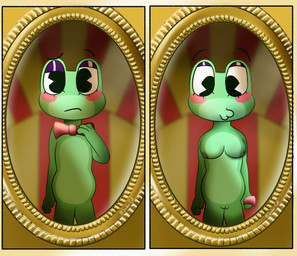 anthro before_and_after blush blush_stickers bow_ribbon breast_growth breasts circus circus_tent female genitals green_body growth looking_at_self mirror nude o3o solo transformation vulva soder_cat glitch_productions the_amazing_digital_circus ribbit_(tadc) amphibian frog comic hi_res