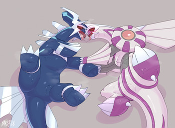 after_kiss ambiguous_feral ambiguous_gender blue_body blush bodily_fluids duo eyes_closed featureless_crotch feral front_view glistening glistening_body grey_background lying on_side quadruped saliva saliva_string simple_background sweat text yaksicle nintendo pokemon dialga generation_4_pokemon legendary_pokemon palkia pokemon_(species) 2026 artist_name digital_drawing_(artwork) digital_media_(artwork) hi_res shaded soft_shading