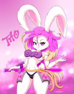 anthro breasts female fur hair knife melee_weapon pink_eyes pink_hair solo sword weapon white_body white_fur canofstars gunfire_reborn tao_(gunfire_reborn) lagomorph leporid mammal rabbit hi_res