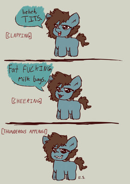 ambiguous_feral ambiguous_gender blue_body blue_fur brown_hair brown_tail dialogue feral fur grin hair open_mouth profanity quadruped smile solo speech_bubble standing tail teeth text young young_ambiguous young_feral edgysketties fluffy_pony fluffy_pony_(species) mammal 2020 digital_media_(artwork) english_description english_text hatching_(art) hi_res shaded