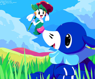 ambiguous_gender black_eyes blue_body cloud duo feral flower grass holding_object lying markings on_front open_mouth plant sitting sitting_on_nose size_difference sky tail tongue whisker_markings sleepy_sealion nintendo pokemon aquatic elemental_creature floette flora_fauna generation_6_pokemon generation_7_pokemon humanoid mammal pinniped pokemon_(species) popplio red_flower_floette 2025 6:5 dated hi_res signature