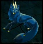 ambiguous_gender antlers black_nose blue_body blue_fur feral fur green_eyes horn inner_ear_fluff pawpads paws solo tuft silvermoonfox canid canine fox hybrid mammal