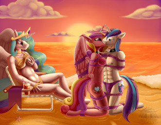 anthro bdsm beach bikini bondage bound bound_together bra breasts clothed clothing cobondage detailed_background female group kissing making_out male male/female one_breast_out outside panties sand seaside skimpy sky sunset swimwear two-piece_swimsuit underwear voyeur water quakehoof friendship_is_magic hasbro my_little_pony princess_cadance_(mlp) princess_celestia_(mlp) shining_armor_(mlp) 2017 hi_res