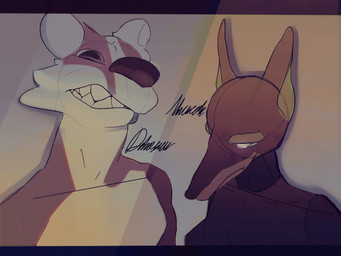 ambiguous_gender anthro bare_shoulders big_nose breasts brown_body brown_fur clenched_teeth duo flat_chested fur nude nude_anthro sharp_teeth simple_background teeth text white_body white_eyes white_fur largedrat badger canid canine canis dobermann domestic_dog mammal mustelid musteline pinscher 2021 4:3 hi_res