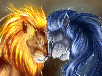 blue_hair duo feral fur hair male orange_body orange_fur whiskers juliagoldfox felid lion mammal pantherine 2015 4:3 absurd_res digital_media_(artwork) hi_res