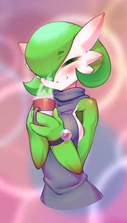 beverage breasts clothing container cup evolutionary_stone eyes_closed female female_humanoid gardevoirite green_body green_skin holding_container holding_cup holding_object mega_stone mega_stone_bracelet multicolored_body multicolored_skin not_furry side_boob smile solo two_tone_body two_tone_skin white_body white_skin hitmanatee nintendo pokemon gardevoir generation_3_pokemon humanoid pokemon_(species) 2021 hi_res