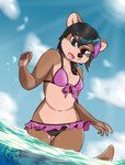 anthro bikini blue_eyes breasts brown_hair clothed clothing dirtypawz_(artist) female hair hi_res highlights_(coloring) mammal meikiko_romanova_(dirtypawz) mustelid navel open_mouth otter outside sea skimpy sky small_breasts solo sun swimwear water