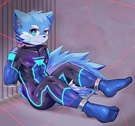 anthro bdsm bondage bound clothing dimensional_ring laser latex latex_clothing latex_skinsuit male prison skinsuit solo technology tight_clothing afdszz1 absurd_res hi_res