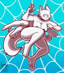 3_toes 4_fingers 6_arms anthro big_breasts blue_background blue_eyes breasts cleavage clothed clothing collar feet female fingers fist fur gradient_background looking_at_viewer multi_arm multi_limb partially_clothed pawpads pink_pawpads pink_sclera simple_background solo spider_web spiked_collar spikes tail toes white_body white_fur chonzo katty_(hanaarts) arachnid arthropod domestic_cat felid feline felis hybrid mammal spider 2024 hi_res