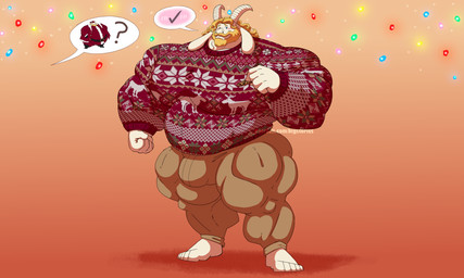 2_horns anthro barefoot beard belly big_belly big_bulge big_muscles big_pecs blonde_beard blonde_facial_hair blonde_hair blush bottomwear bulge check_mark christmas_clothing christmas_decorations christmas_lights christmas_sweater christmas_topwear clothing curly_hair facial_hair feet fist gradient_background hair holidays horn huge_muscles huge_pecs hyper hyper_muscles long_hair male musclegut muscular muscular_anthro muscular_male overweight overweight_anthro overweight_male pants pecs question_mark simple_background solo speech_bubble standing sweater tan_bottomwear tan_clothing tan_pants thick_thighs topwear silver-stag christmas undertale_(series) asgore_dreemurr bovid caprine goat mammal hi_res story story_in_description