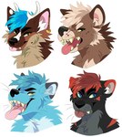 ambiguous_gender anthro antlers black_body black_ears black_eyebrows black_fur black_nose blep blue_body blue_eyes blue_fur blue_hair blue_inner_ear blue_inner_ear_fluff brown_body brown_ears brown_eyes brown_fur cheek_tuft dipstick_ears ear_markings ear_piercing ear_ring ear_stud eyebrows facial_tuft fangs fur glistening glistening_eyes glistening_hair gold_ear_ring gold_piercing gold_ring_piercing green_eyes green_teeth grey_body grey_ear_piercing grey_ear_stud grey_ears grey_fur hair horn inner_ear_fluff looking_aside looking_at_viewer male multicolored_ears neck_tuft open_mouth piercing pink_inner_ear pink_tongue red_body red_ears red_fur red_hair red_tongue ring_piercing simple_background smile solo stud_piercing tan_body tan_eyebrows tan_fur tan_hair tan_inner_ear_fluff teeth tongue tongue_out tuft white_antlers white_background white_inner_ear_fluff princelykaden canid mammal bust_portrait multiple_images portrait