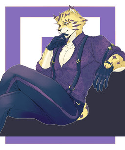anthro bent_legs black_clothing black_gloves black_handwear clothed clothing collared_shirt crossed_legs dress_shirt fur gloves green_eyes handwear leg_over_thigh leopard_spots male markings muscular open_clothing open_shirt open_topwear pecs purple_clothing purple_shirt purple_topwear shirt sitting solo spots spotted_body spotted_fur suspenders topwear izm_rm7 lifewonders tokyo_afterschool_summoners ose_(tas) felid feline leopard mammal pantherine 5:6 hi_res