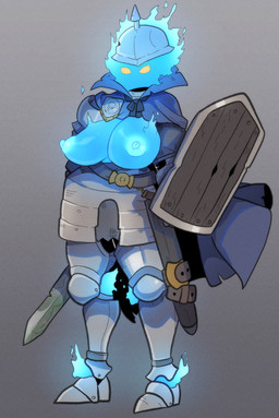 big_breasts breasts exposed_breasts female fire grey_background huge_breasts knight melee_weapon not_furry shield simple_background solo sword warrior weapon uenositasayuu elemental_creature fire_creature ghost humanoid spirit