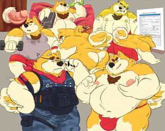 anthro asian_clothing black_nose bodily_fluids bulge butt clothing controller cosplay cute_fangs east_asian_clothing erection exercise eyes_closed fangs fundoshi genital_fluids genitals glory_hole japanese_clothing male moobs nipples overweight overweight_male penis precum red_clothing red_fundoshi red_underwear remote_control shirt solo sweat teeth text topwear underwear workout 06betos11 canid canine canis domestic_dog mammal 2025 hi_res meme multiple_images spanish_text