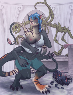 4_arms anthro back_tentacles barefoot biped black_body black_fur black_nose blue_hair bone bottomwear braided_hair breasts claws clothing digitigrade fangs feet female fur hair human_to_anthro midriff multi_arm multi_limb museum navel nipples shorts skeleton solo species_transformation stripes tail teeth tentacles toe_claws transformation underbite thestory dungeons_and_dragons hasbro wizards_of_the_coast displacer_beast felid hybrid mammal pantherine tiger