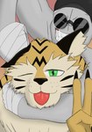 anthro blep duo gesture hand_gesture male muscular muscular_male noogie smile tongue tongue_out v_sign xvii_(artist) sanford_(madness_combat) thor_(amakuchi) felid grunt_(madness_combat) humanoid mammal pantherine tiger