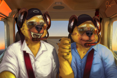 aircraft airplane anthro blue_clothing blue_shirt blue_topwear clothing cockpit duo electronics eyewear flying headgear headphones headset inside_airplane male necktie open_mouth pilot shirt sunglasses sunset topwear vehicle white_clothing white_shirt white_topwear rov hyena mammal 2022 hi_res father_(lore) father_and_child_(lore) father_and_son_(lore) parent_(lore) parent_and_child_(lore) parent_and_son_(lore) son_(lore)