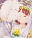 5_fingers ambiguous_gender anthro clothed clothing dress duo fingers flower fur groom hand_holding heart_locket heart_symbol jewelry male necklace pendent plant romantic romantic_ambiance romantic_couple wedding wedding_dress white_body white_fur nizikumo_a undertale undertale_(series) asriel_dreemurr chara_(undertale) boss_monster_(undertale) bovid caprine human mammal 2018 hi_res