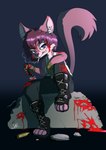 anthro blood blood_splatter bodily_fluids boots bullet_casing cigarette clothing female fluffy fluffy_ears fluffy_tail footwear fur machete melee_weapon mercenary miserable paws pink_body pink_fur ruins shoes smoking solo tactical_gear tail weapon turkojar isea_(turkojar) domestic_cat felid feline felis mammal absurd_res hi_res