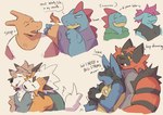 ambiguous_gender anthro anthro_on_anthro blep blush claws clothed clothed/nude clothing dialogue directional_arrow dot_eyes female fire flaming_tail flirting frown fur gender_transformation grey_background group hair hoodie horn hug leaning leaning_on_another male male/male motion_blur motion_lines mtf_transformation muscular muscular_anthro muscular_male narrowed_eyes nude open_mouth ponytail sequential_arrow shirt simple_background simple_eyes size_difference smile spikes spikes_(anatomy) standing tail tail_grab tail_motion tailwag tank_top teeth text thought_bubble tongue tongue_out topwear transformation tuft jephhh nintendo pokemon charizard croconaw dusk_lycanroc feraligatr generation_1_pokemon generation_2_pokemon generation_4_pokemon generation_7_pokemon incineroar lucario lycanroc midday_lycanroc pokemon_(species) 2025 english_text hi_res trans_(lore) trans_woman_(lore)
