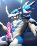 2_heads anthro balls bodily_fluids cum erection genital_fluids genitals horn knot male multi_head penis solo aerosouthpaws bandai_namco digimon aeroveedramon digimon_(species) absurd_res hi_res