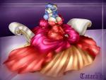 anthro ball_gown big_breasts biped blue_hair blush breasts cleavage clothed clothing dress female hair horn huge_breasts inside long_hair looking_at_viewer purple_eyes sitting smile solo wide_hips tatara94 bovid caprine mammal 2015 absurd_res hi_res