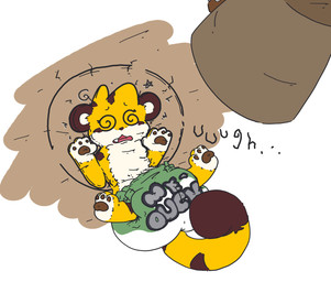 3_fingers 3_toes ambiguous_gender anthro brown_body brown_ears brown_fur brown_pawpads brown_stripes brown_tail brown_tail_tip clean_diaper clothed clothing dazed diaper diaper_only dipstick_tail ellipsis feet fingers flattened front_view fur hammer high-angle_view markings multicolored_body multicolored_fur occult_symbol open_mouth pawpads pentagram round_ears simple_background slapstick snaggle_tooth solo spiral spiral_eyes striped_body striped_fur stripes symbol tail tail_markings text text_on_diaper toes tools topless trap_(contrivance) two_tone_tail vocalization wearing_diaper white_background white_body white_fur white_inner_ear yellow_body yellow_fur yellow_tail boredomwithfriends ace_(boredomwithfriends) felid mammal pantherine tiger 2026 absurd_res full-length_portrait hi_res portrait female_(lore)