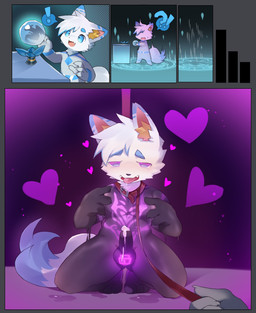 4_fingers anthro balls blue_body blue_fur bodily_fluids claws collar drooling duo erection fangs fingers first_person_view fur genital_fluids genitals happy heart_symbol kneeling leash leashed_collar looking_at_viewer male open_mouth penis precum red_collar saliva tail teeth tongue tongue_out white_body white_fur young young_anthro young_male meo_miou domestic_cat felid feline felis mammal 2026 chinese_description comic hi_res