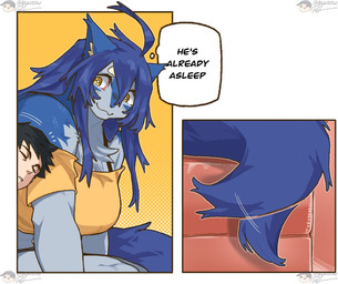 after_transformation anthro blue_body blue_fur blue_hair bottomwear breasts clothed clothing duo eyes_closed female fully_clothed fur furniture hair happy inside larger_female male on_sofa romantic romantic_couple shirt shorts sitting sitting_on_sofa size_difference sleeping smile sofa t-shirt tail tail_motion tailwag thought_bubble topwear rekidesu mythology ren_(rekidesu) tsukiko_(rekidesu) canid canine canis human mammal mythological_canine mythological_creature werecanid werecanine werecreature werewolf wolf hi_res