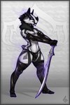 anthro anthrofied black_hair border bulge claws clothing curvy_figure detailed_bulge femboy fur fur_markings genital_outline glowing glowing_claws glowing_eyes grey_border hair leggings legwear male markings melee_weapon neck_tuft panties penis_outline solo standing sword thick_thighs tuft underwear weapon white_body white_fur nyhm digital_extremes tencent warframe warframe_logo kubrow mammal hi_res signature