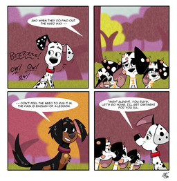 bee_sting black_body black_fur black_spots collar dialogue feral floppy_ears fur gold_(metal) gold_collar group male metal_collar park speech_bubble spots text toony trio white_body white_fur unclescooter 101_dalmatian_street 101_dalmatians disney dimitri_1_(101_dalmatians) dimitri_2_(101_dalmatians) dimitri_3_(101_dalmatians) dimitri_trio_(101_dalmatians) dylan_(101_dalmatians) fan_character juday_(cartooncross) canid canine canis dalmatian domestic_dog mammal mixed_breed comic english_text hi_res