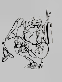 big_breasts bodily_fluids bound breasts female hogtied operator_(risk_of_rain) robotic_arm solo sweat sweaty_breasts risk_of_rain alien humanoid hi_res