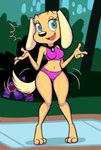 3_toes anthro biped blonde_hair breasts camel_toe clothing digitigrade feet female female_anthro hair motion_lines navel outside solo swimwear tail toes towel blackmore brandy_and_mr._whiskers disney brandy_harrington canid canine canis domestic_dog mammal absurd_res hi_res