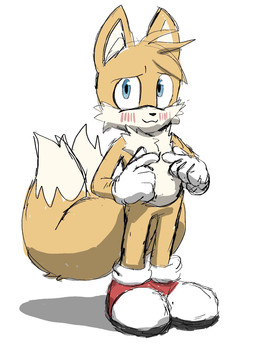 2_tails black_nose blue_eyes blush blush_lines chest_tuft clothing dipstick_tail fingers_together fur gloves handwear humanoid_hands looking_at_viewer male markings multi_tail simple_background solo standing tail tail_markings tan_body tan_fur tan_inner_ear tan_tail_tip tuft white_background white_clothing white_gloves white_handwear yellow_body yellow_fur junicanart sega sonic_the_hedgehog_(series) miles_prower canid canine fox mammal 2026 digital_drawing_(artwork) digital_media_(artwork) english_description hi_res sketch