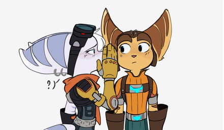 anthro clothed clothed_anthro clothed_female clothed_male clothing cybernetic_arm cybernetic_limb duo ear_piercing ear_ring eyewear eyewear_on_head female fur gloves goggles goggles_on_head hair handwear male male/female markings piercing pink_nose question_mark ring_piercing scarf striped_markings striped_tail stripes tail tail_markings white_body white_fur white_hair yellow_body yellow_fur time_fluffy500 ratchet_and_clank sony_corporation sony_interactive_entertainment ratchet_(ratchet_and_clank) rivet_(ratchet_and_clank) lombax mammal