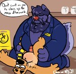 abdominal_bulge anthro belly black_nose bottomwear brown_body clothing detailed_background dialogue duo inside janitor male male/male overweight overweight_male pants sex text charmcharmcharm mammal mephitid mustelid otter skunk 2021 english_text