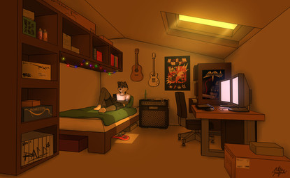 acoustic_guitar amplifier anthro bed bedroom beer_bottle bottle box cardboard cardboard_box cellphone clothed clothing computer container desk electric_guitar electronics furniture grey_body guitar keyboard light light_beam lying male musical_instrument on_back on_bed phone plucked_string_instrument poster skateboard smartphone solo spray_can string_instrument sunbeam sunlight table vehicle artifexincognitus heineken kmfdm sodom_(band) craig_smith mammal procyonid raccoon absurd_res hi_res