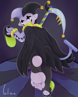5_toes barefoot clothing feet fool's_hat foot_fetish foot_focus hat headgear headwear humanoid_feet humanoid_pointy_ears jester male not_furry plantigrade pointed_hat pointy_ears sharp_teeth smile soles solo stirrup_legwear teeth text toes salaman deltarune undertale_(series) jevil_(deltarune) darkner humanoid imp digital_media_(artwork) hi_res