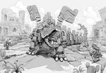 anthro biped clothed clothing cloud detailed_background group machine outside plant ruins text weapon ryo_yambe mammal mouse murid murine robot rodent 2023 absurd_res english_text hi_res monochrome