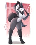 anthro big_breasts black_body black_fur breasts chest_tuft claws curvy_figure featureless_breasts featureless_crotch female fluffy fluffy_tail fur grey_body grey_fur hair horn hourglass_figure multicolored_body multicolored_fur red_eyes simple_background smile smiling_at_viewer solo tail thick_thighs tuft white_body white_hair sulldfox oblivion_(umbra) canid canine canis mammal wolf absurd_res hi_res