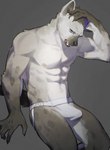 5_fingers abs anthro areola clothed clothing erection erection_under_clothing fingers fur grey_background grey_body grey_fur jockstrap jockstrap_only looking_at_viewer male markings muscular muscular_anthro muscular_male simple_background solo spots spotted_body spotted_fur topless underwear underwear_only pu94_d1de4c arknights hypergryph studio_montagne spot_(arknights) hyena mammal spotted_hyena 2023 absurd_res hi_res