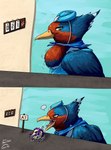 beak blue_body bone clothing costume digestion disposal feathered_crest feathered_wings feathers female feral head_crest markings pellet red_markings skull white_body white_markings wings yellow_eyes gyrotech harker_(artist) nintendo pokemon arrox mistral_(gyro) avian generation_3_pokemon pokemon_(species) swellow comic hi_res